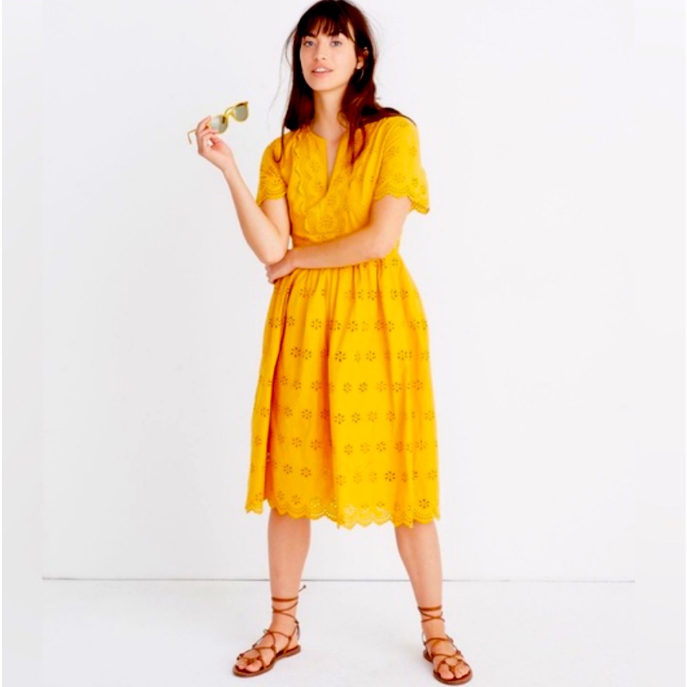 NWT Madewell Scalloped Eyelet Midi Dress Mustard Size 0